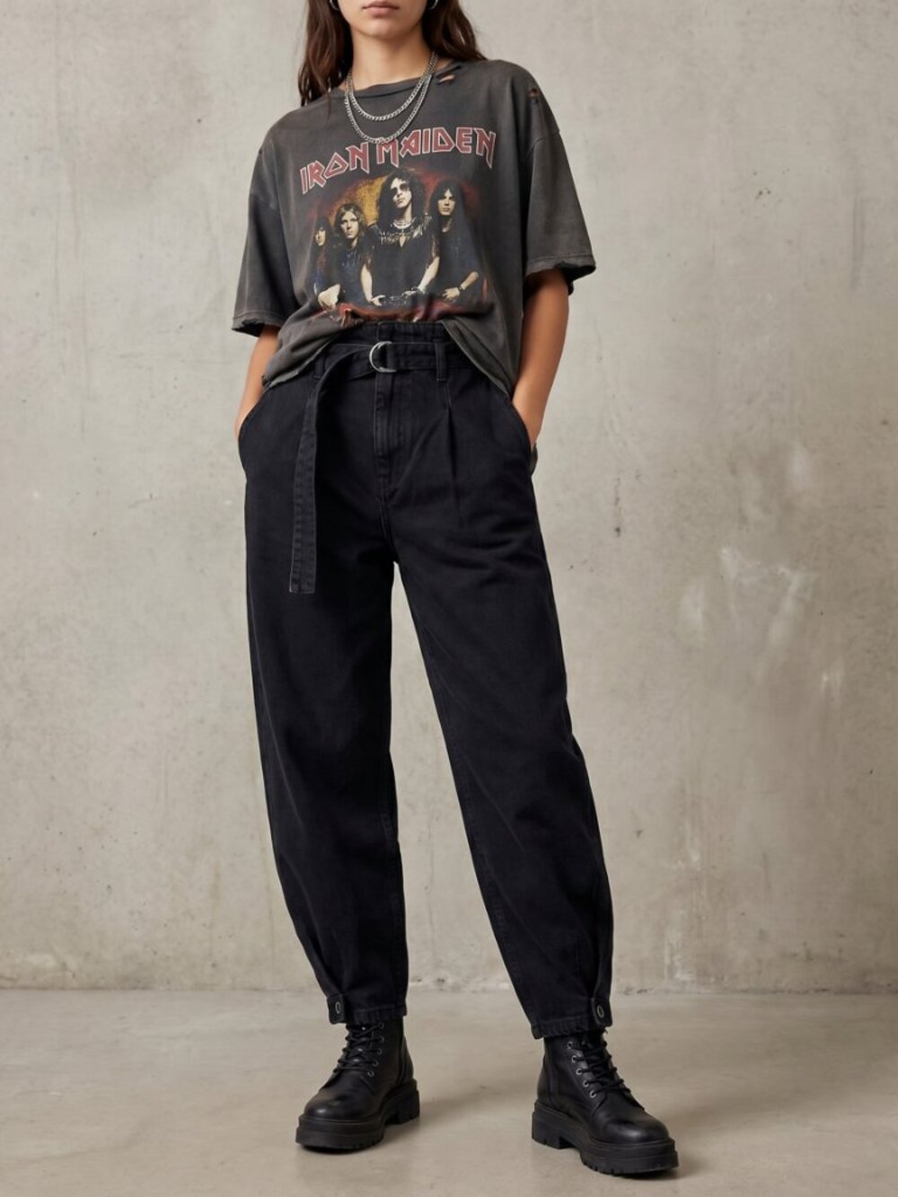 Mango NWOT Black Barrel Leg Jeans High Rise Pleated Cuffed Belted Balloon Denim